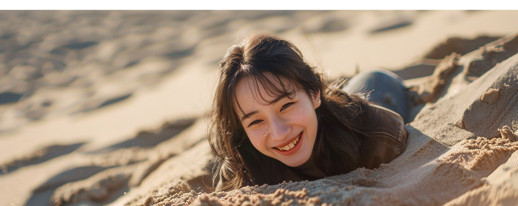 Japanese Teen Woman Playing in Sand, Smiling | 16k High-Resolution Photo